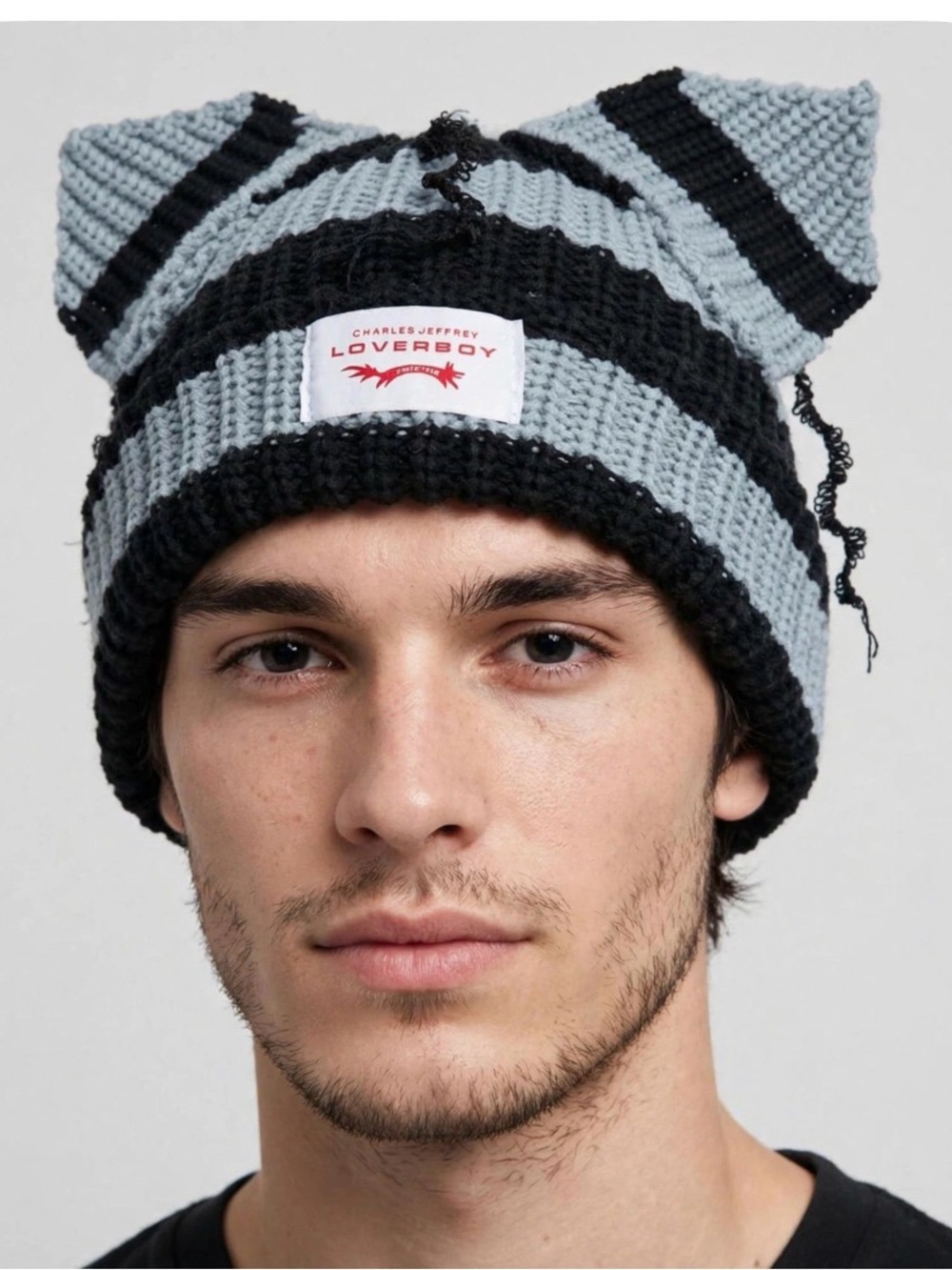 LOVERBOY Striped Cat Ear Beanie in Light Grey & Black Unisex